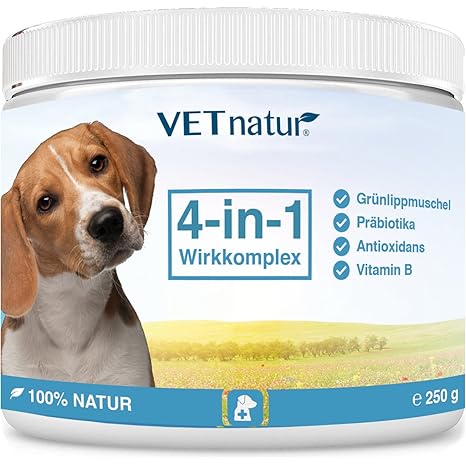 VETnatur 4in1 Grünlippmuschel-Pulver für Hunde mit Wirkungssteigerung durch Antioxidans + Präbiotika + Vitamin B + Zink/Eisen