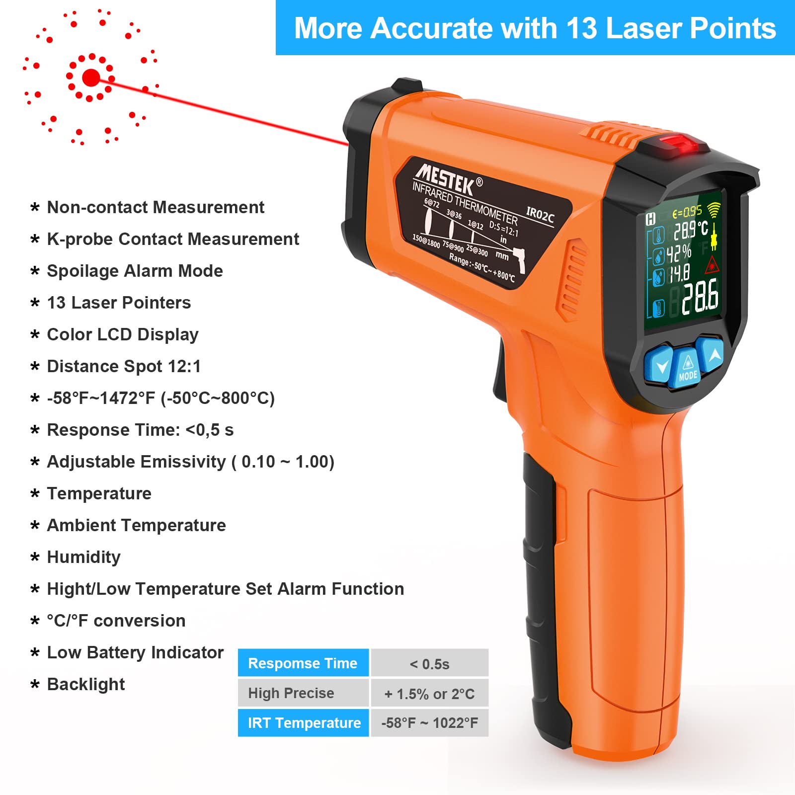 Infrarot Thermometer MESTEK Digital Laser Temperaturmessgerät mit K-Sonde IR Pyrometer -50°C bis 800°C Berührungslos Farbe LCD Alarm Einstellbarer Emissionsgrad für Küche Backen Industrie 4