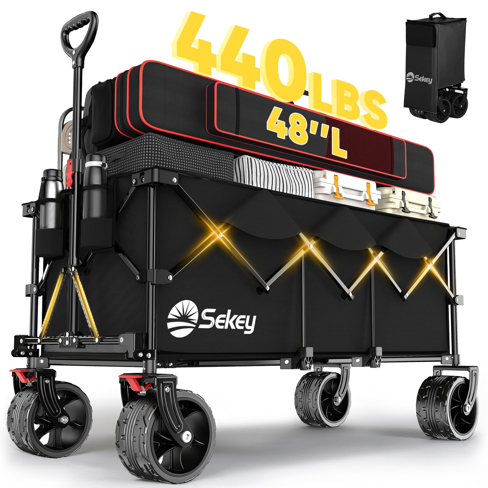 Photo 1 of Sekey 48''L Collapsible Foldable Extended Wagon with 440lbs Weight Capacity, Heavy Duty 300L Folding Utility Garden Cart with Big All-Terrain Beach Wheels & Drink Holders. Black