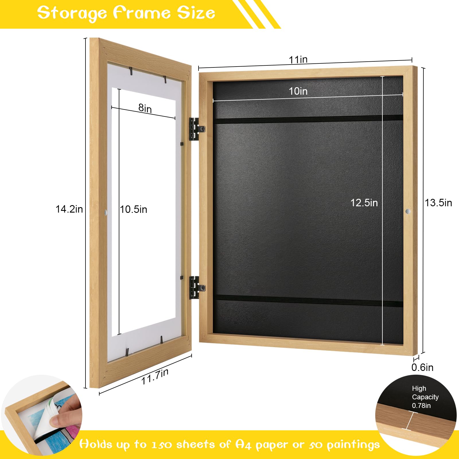 3Pack Kids Art Frames Natural Woodgrain, 10x12.5 Child Artwork Frame Without Mat Changeable Front Opening, 8.5x11 Frame With Mat, Children Storage Frame Holds Crafts, Drawing, Art Project, Schoolwork