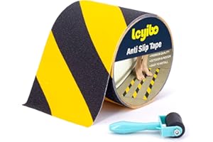 Leyibo Anti Slip Tape with Roller, 5” x 35Ft, Non Slip Safety Grip Tape for Stair Step Outdoor/Indoor, Waterproof Non Skid Tape for Bathtub, Boat, Pool, Comfortable for Bare Feet, Caution Yellow/Black