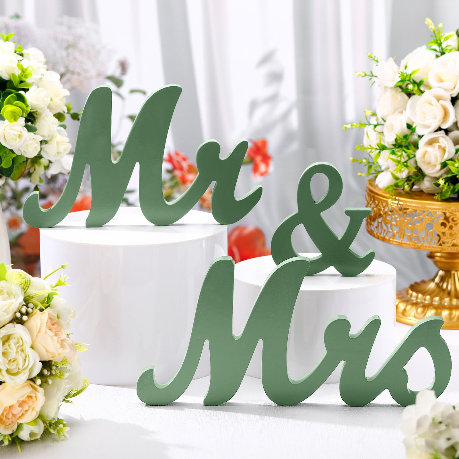 Photo 1 of AceOrbit Sage Green Mr & Mrs Sign Table Decor Rustic Wooden Freestanding Letters Table Centerpieces Sage Green Wedding Wooden Photo Booth Props for Wedding Party Decorations Supplies