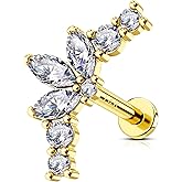 OUFER Helix Piercing Jewelry, 14K Solid Gold Cartilage Earrings, Clear CZ Lip Rings, Flat Back Helix Earrings, Internally Threaded Tragus Conch Lobe Piercing Jewelry, Labret Jewelry