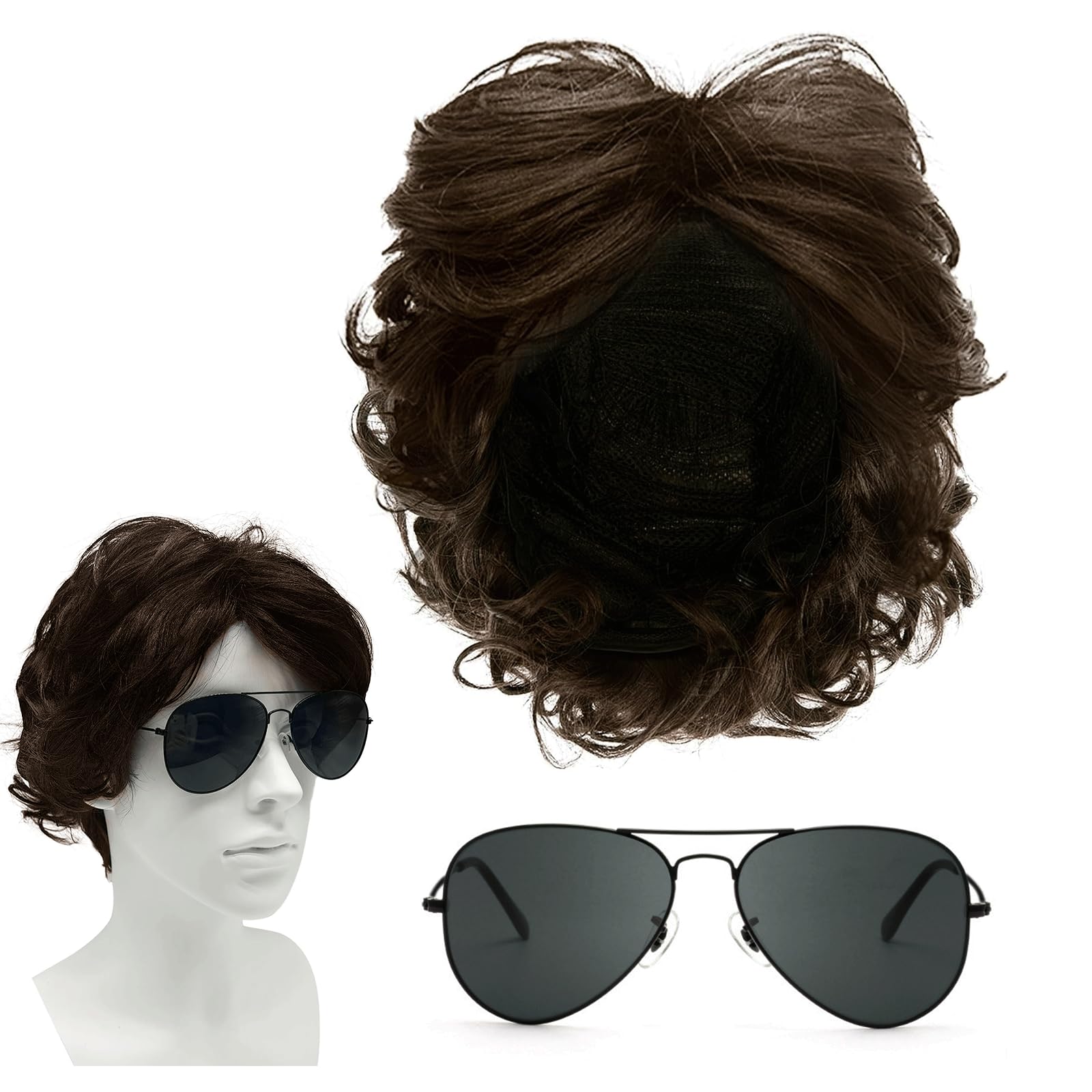 SKHAOVS 2Pcs Mens Wigs with Sunglasses 70s 80s Disco Short Curly Layered Wig Dude Wig Handsome Men's Daily Punk Rock Cosplay Carnival Halloween Character Costume (Brown-2)