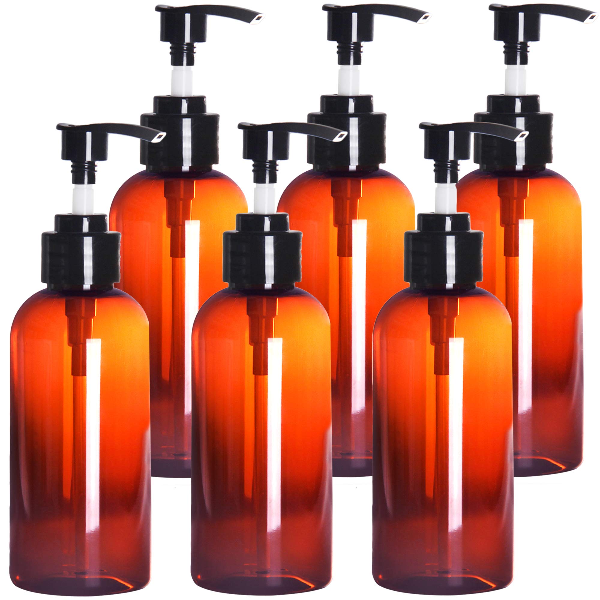 Youngever 6 Pack Amber Plastic Pump Bottles, Refillable Plastic Pump Bottles for Dispensing Lotions, Shampoos, Hand Sanitizer(250ML)