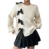 Verdusa Women's Color Block Bow Sweater Crew Neck Long Sleeve Drop Shoulder Pullovers
