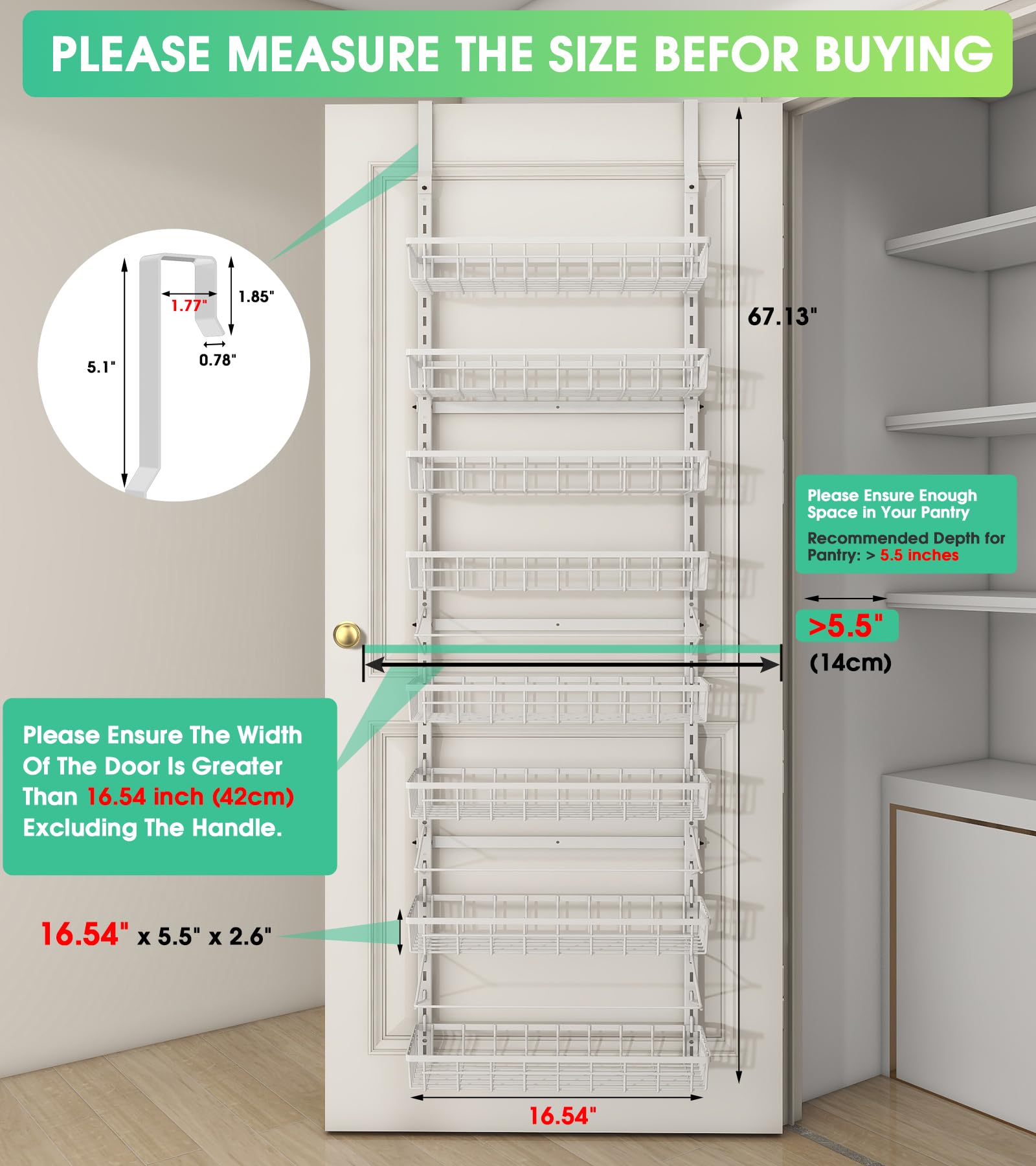 Mefirt Over The Door Pantry Organizer, Wall Mount Spice Rack, Pantry Hanging Storage and Organization, 8 Adjustable Baskets Heavy-Duty Metal for Home & Kitchen, Back of Door Seasoning Rack - White