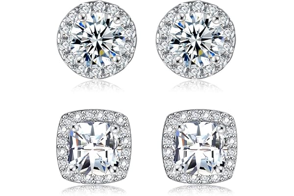 18K Gold Plated Round Square Cubic Zirconia Simulated Diamond Halo Stud Earrings Hypoallergenic Stud Earrings Women Men Stud