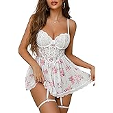 Mixxmix Babydoll Lingerie for Women Lace Up Mesh Chemise Nightgown with Garter Belt