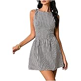 Floerns Women's Tie Shoulder A Line Gingham Dress Boat Neck Mini Checkered Elegant Dresses