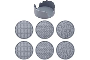 AUERLLCY Silicone Coasters Set of 6 with Holder – Non-Slip Heat Resistant Drink Coasters for Table Protection, Modern Round Cup Mats with Drainage Grooves for Home & Office (Gray)