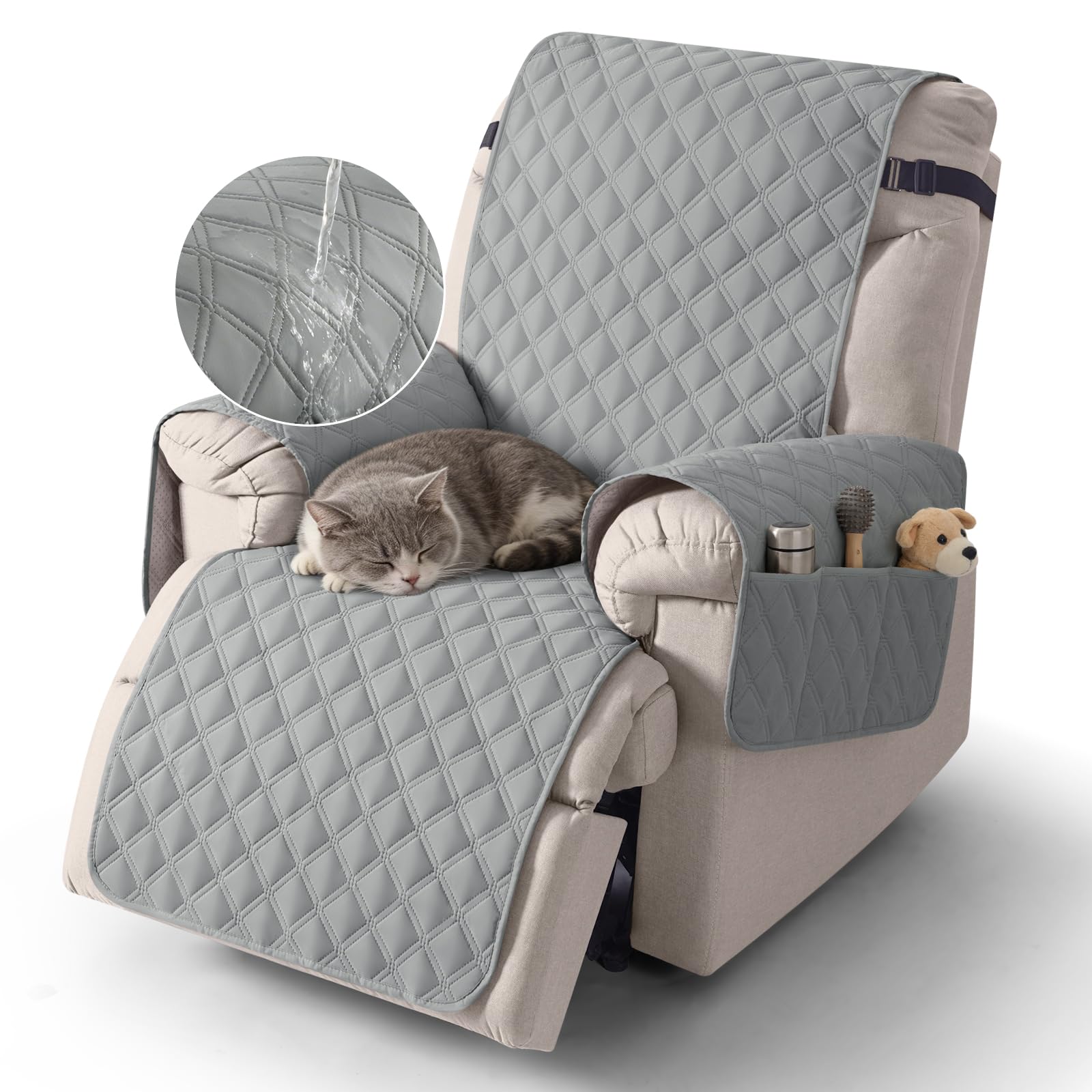TAOCOCO Armchair Slipcovers,1 Seater Recliner Covers,Waterproof Recliner Protector,Armchair Covers with Pockets,Anti Slip Reclining Sofa Covers,Arm Chair Covers for Pets/Dogs/Kids(Light Grey)