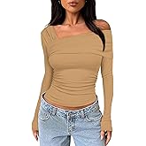 NTSWZYS Women One Off Shoulder Long Sleeve Crop Top Casual Ruched Shirt Slim Fit Y2K Going Out Tops