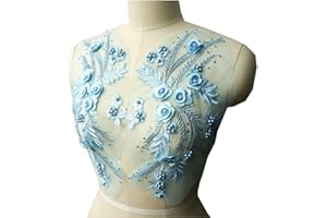 MUMAYA Lace Fabric 3D Flower Patches Tassel Beads Rhinestone Embroidered Wedding Gown Appliques Sew Patch for Dress DIY Decor 2 Pcs (Light Blue)