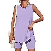 Esobo Women's Summer 2 Piece Outfits Sleeveless High Low Spilt Hem Tank Top Biker Shorts Sets Lounge Set Tracksuit