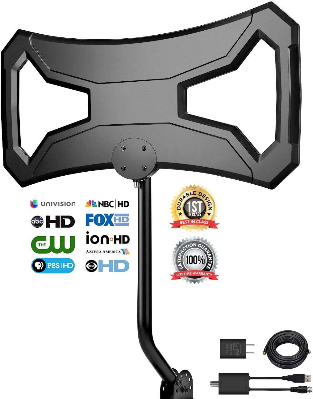 Outdoor antenna, 150 Miles Range Attic Antenna, Rooftop Antenna,Digital TV Antenna with Amplifier,33Ft Detachable Cable With Mount Kit,1080P 4K-Ready Extremely High Reception With UL Certificate