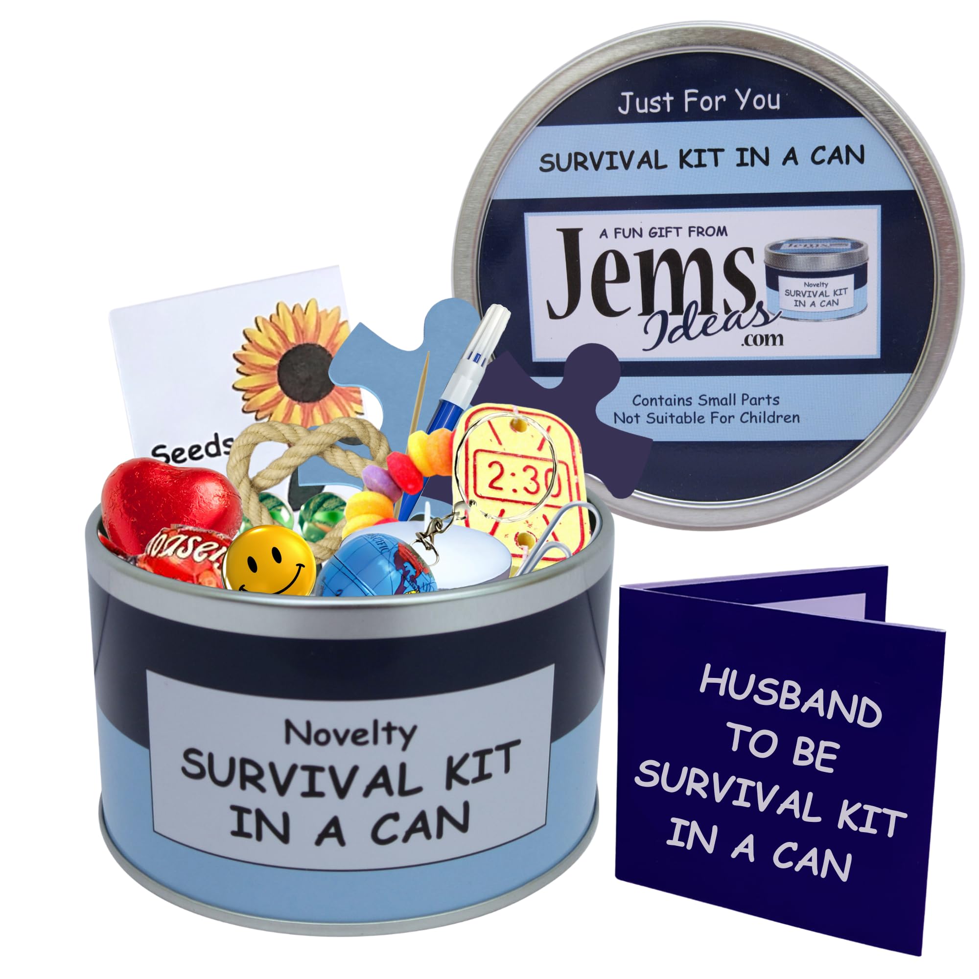 Survival Kit In A Can Husband-To-Be Funny Novelty Gift for Groom – Wedding Day Present & Card – Humorous Gift for Him, Groom-To-Be, Fiancé – Quirky Keepsake Box Gift Set (Blue/Navy)