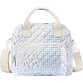 WOBAGMEN Quilted Lunch Box for Women,Large Blue Floral Insulated Lunch Bag for Adult,Cute Lunch Tote Bags for Work Picnic Travel(green blue pin,M)