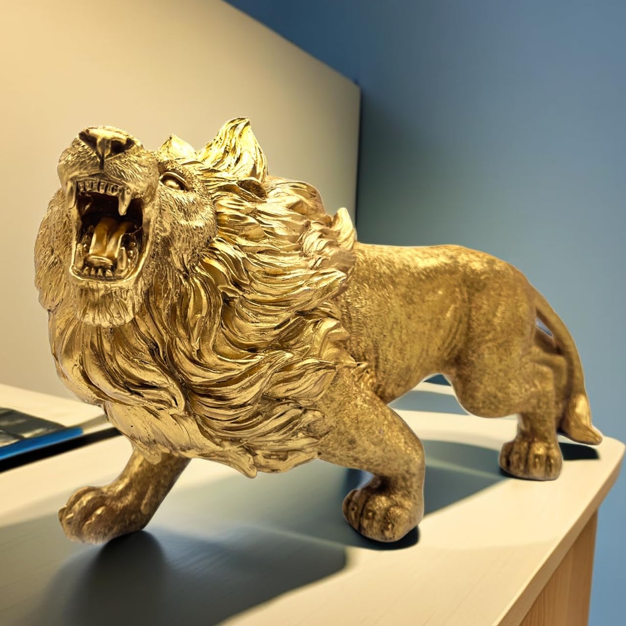 Photo 1 of 13 Inch Strong Lion Statue Figurine Sculpture Resin Collectible Gifts for Lion Lover Office Home Decor Desk Accessories Decoration Garden Figurines Outdoor Decor Gold