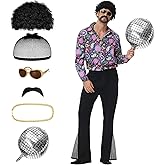 TobWeaL 70s Disco Outfits for Men - Retro Bell Bottom Pants & Shirt Set with 70s accessories for Halloween Theme Party