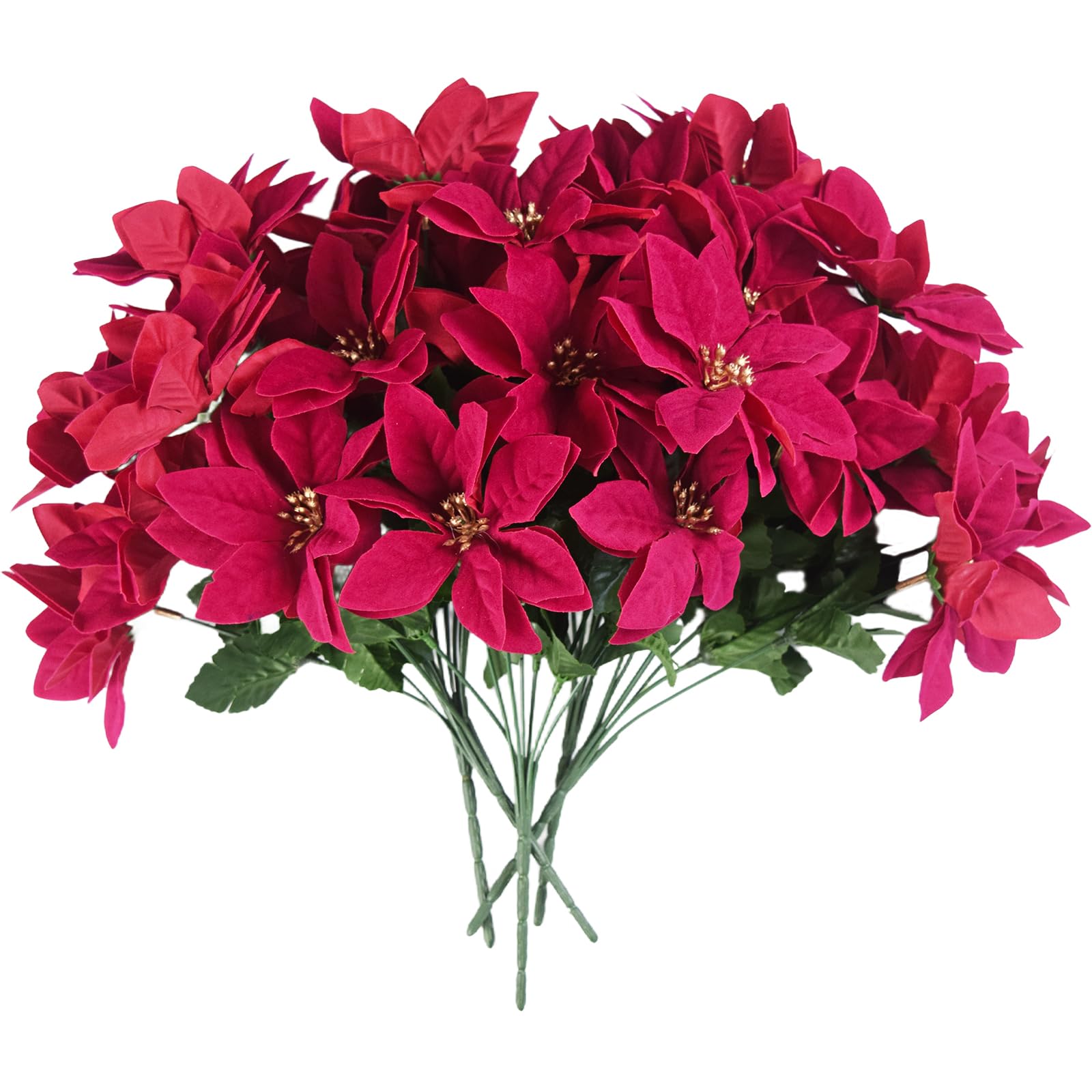 Kinisty Artificial Poinsettia Bushes 5 Pack Fake Flowers Red Faux Christmas Flowers Bouquet 7 Heads, Decorative Silk Flowers for Christmas Tree, Window Box Indoor Outdoor Decorations