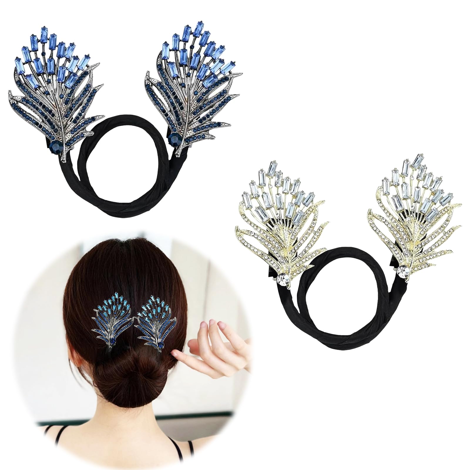 2 pcs, Blue and Gold Lazy Bun Styling Tool,Rhinestone Hair Bun Makers,French Twist Hair Pin Bun Makers,Elegant lady's hair accessories for medium to long hair,Reusable Bun Maker