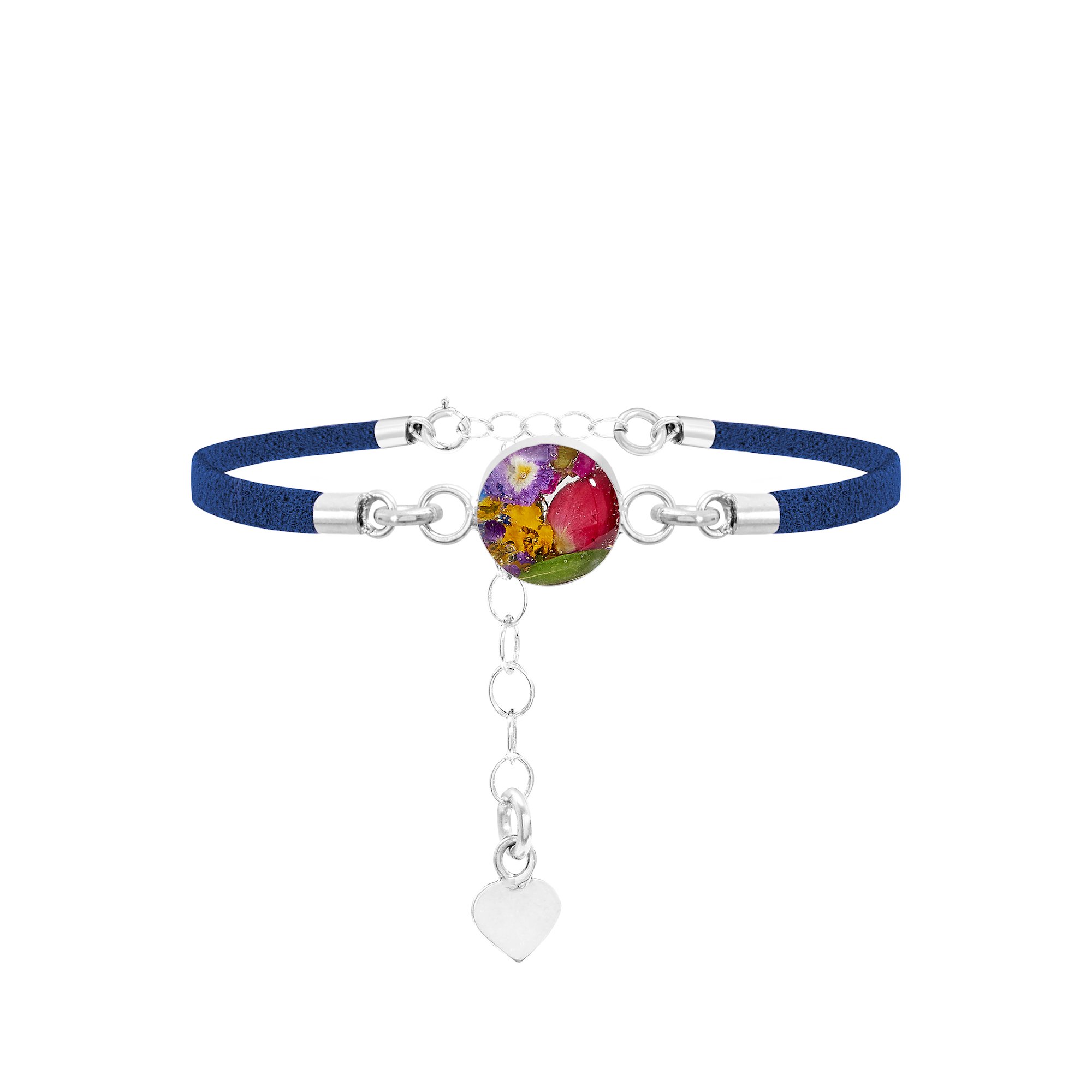 Shrieking Violet 925 Sterling Silver and Vegan Suede Round Real Flower Bracelet - Assorted Flowers (Navy)