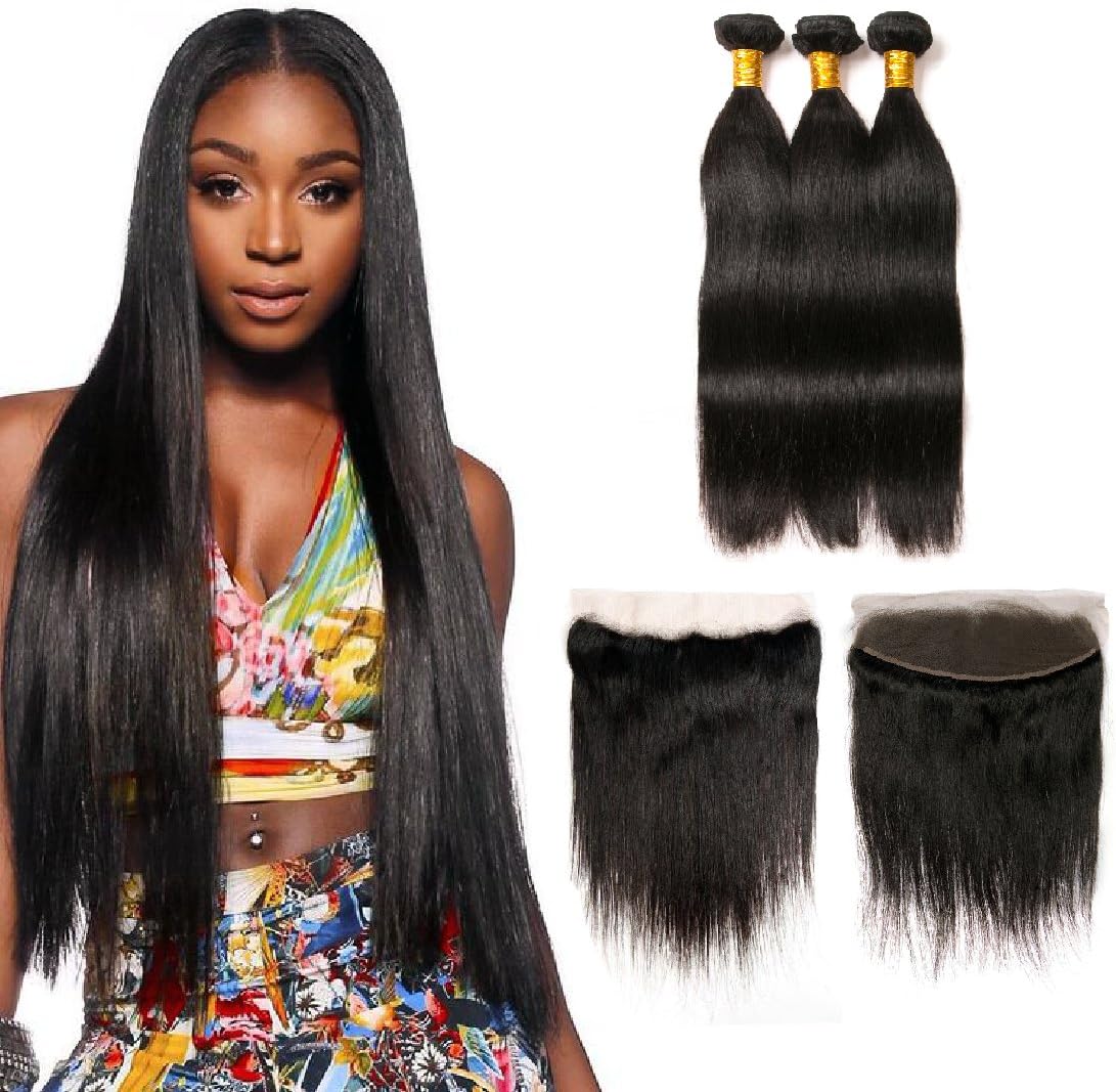 Brazilian Straight Hair Bundles With Closure or Frontal 100% Human Hair Extensions Weft … (12 14 16+10F, bundles with frontal)