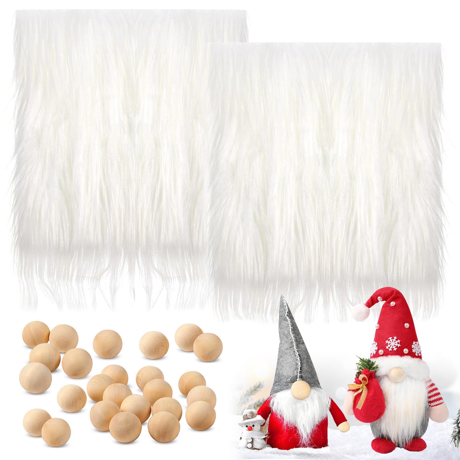 22 Pcs Pre-Cut Gnome Beard Faux Fur Fabric and Wooden Balls Set Set Include 52x52cm White Fur Fabric Squares Patches 20 Pieces Wood Craft Balls for DIY Gnome Beard,Craft,Sewing Costume