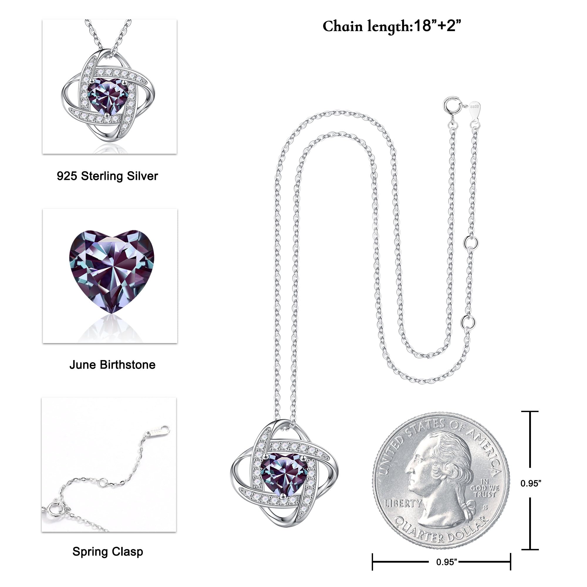 Iefil 925 Sterling Silver Love Knot Birthstone Necklace, Natural or Created Gemstone, Anniversary Birthday Gifts for Women, Jewelry Gifts for Wife Mom Girlfriend