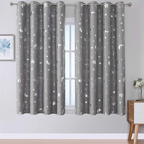 WUBODTI Gray Blackout Curtains Drapes 63 Inch Length for Living Room Bedroom Nursery, Silver Foil Moon and Star Soundproof Window Curtains 2 Panel Sets, 52 x63 Inch