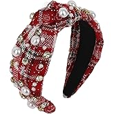CURASA Christmas Headband For Women Girls Jeweled Rhinestone Pearls Knotted Hairband Wide Top Knot Head Band Xmas Snowflake Plaid Decorations Hair Accessory Elegant Outfits Party Holiday Gifts (Red)