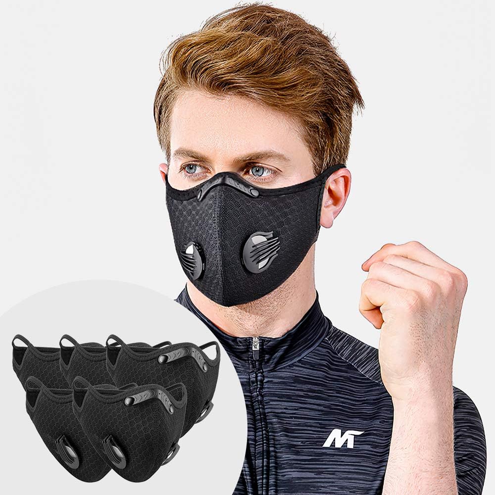 Huibudch 5Piece with10PCS Replacement Filters Net Anti-dust Masks Washable Reusable Masks Balaclava Mask Sports Mask Black
