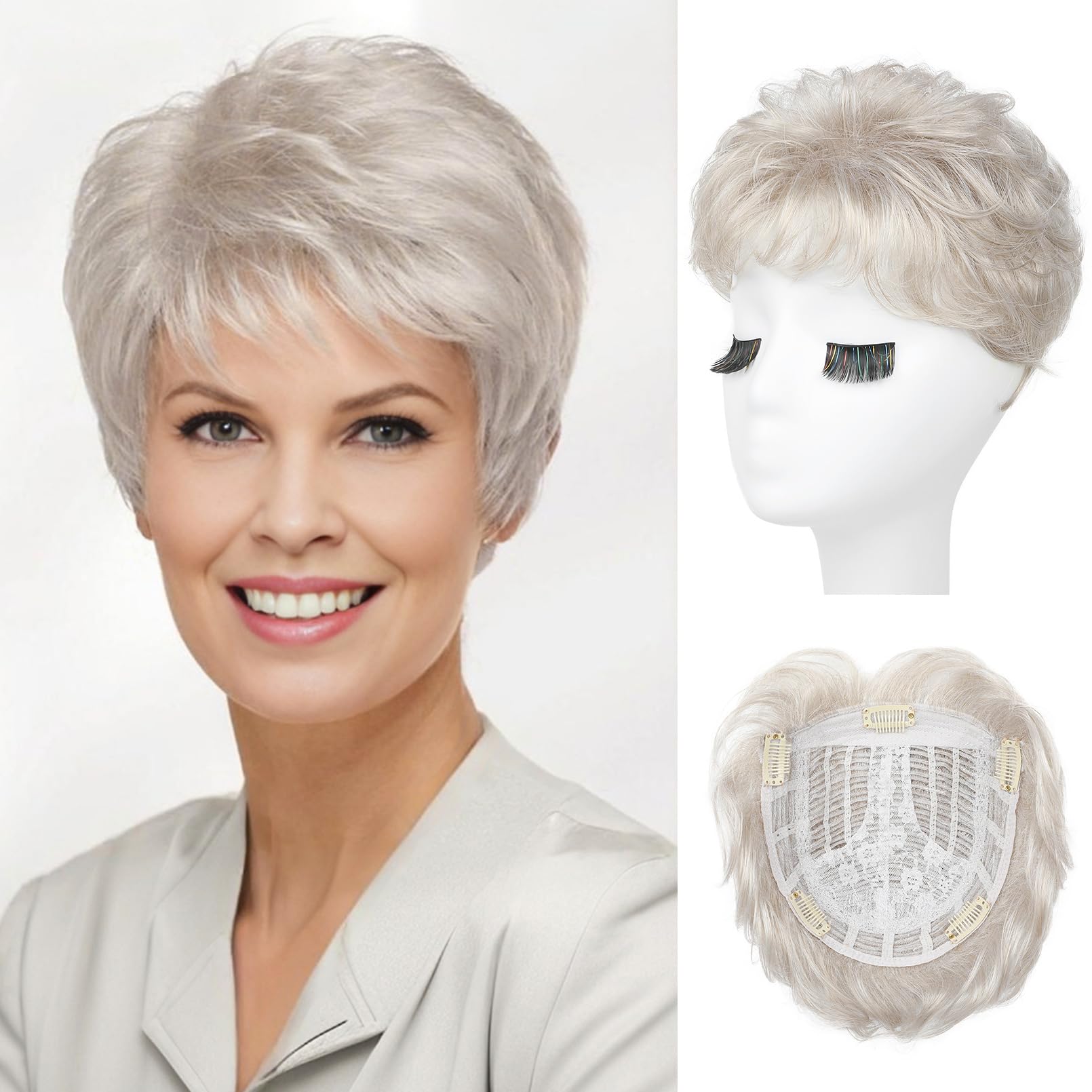 Photo 1 of REECHO Hair Topper, Short Wiglet Hair Topper for Women with Thinning Large Coverage Synthetic Top Crown Hairpiece for Women (Pearl Platinum)