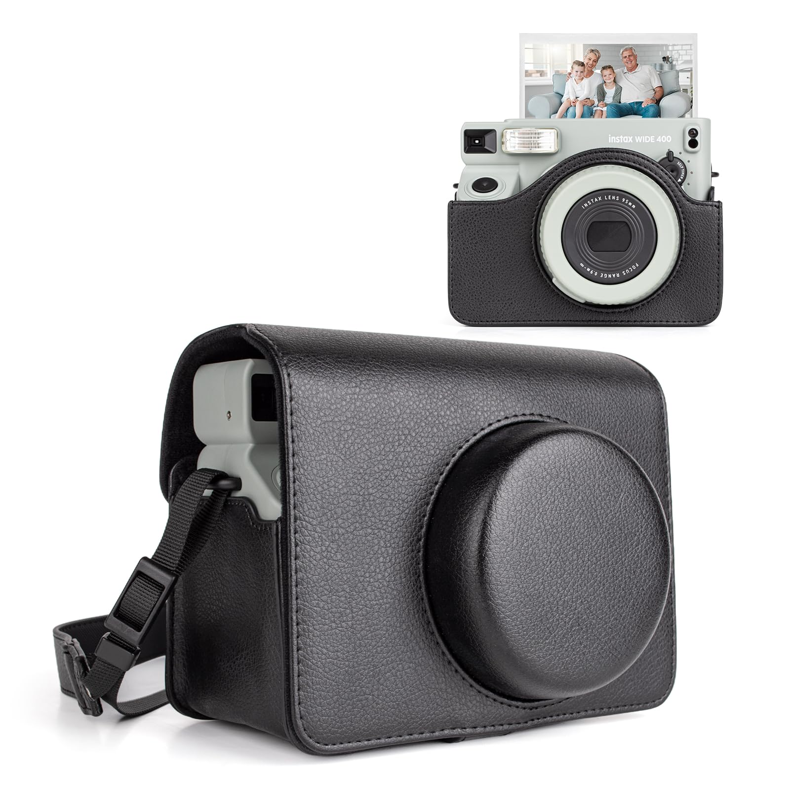 MUZIRI KINOKOO Protective Case Compatible for Instax Wide 400 Instant Camera, PU Leather Case for Fuji Instax Wide 400 Camera with Adjustable Shoulder Strap - Black