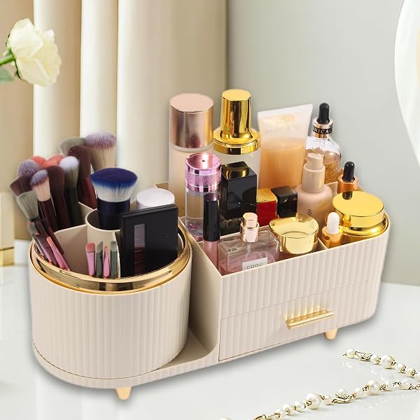 ZUFUDO MAKEUP ORGANIZER COUNTERTOP WITH DRAWER 360 ROTATING BRUSH HOLDER STORAGE LARGE CAPACITY SKINCARE COSMETIC DISPLAY CASES FOR VANITY BATHROOM DESKTOP, MODEL 3016 CREAM