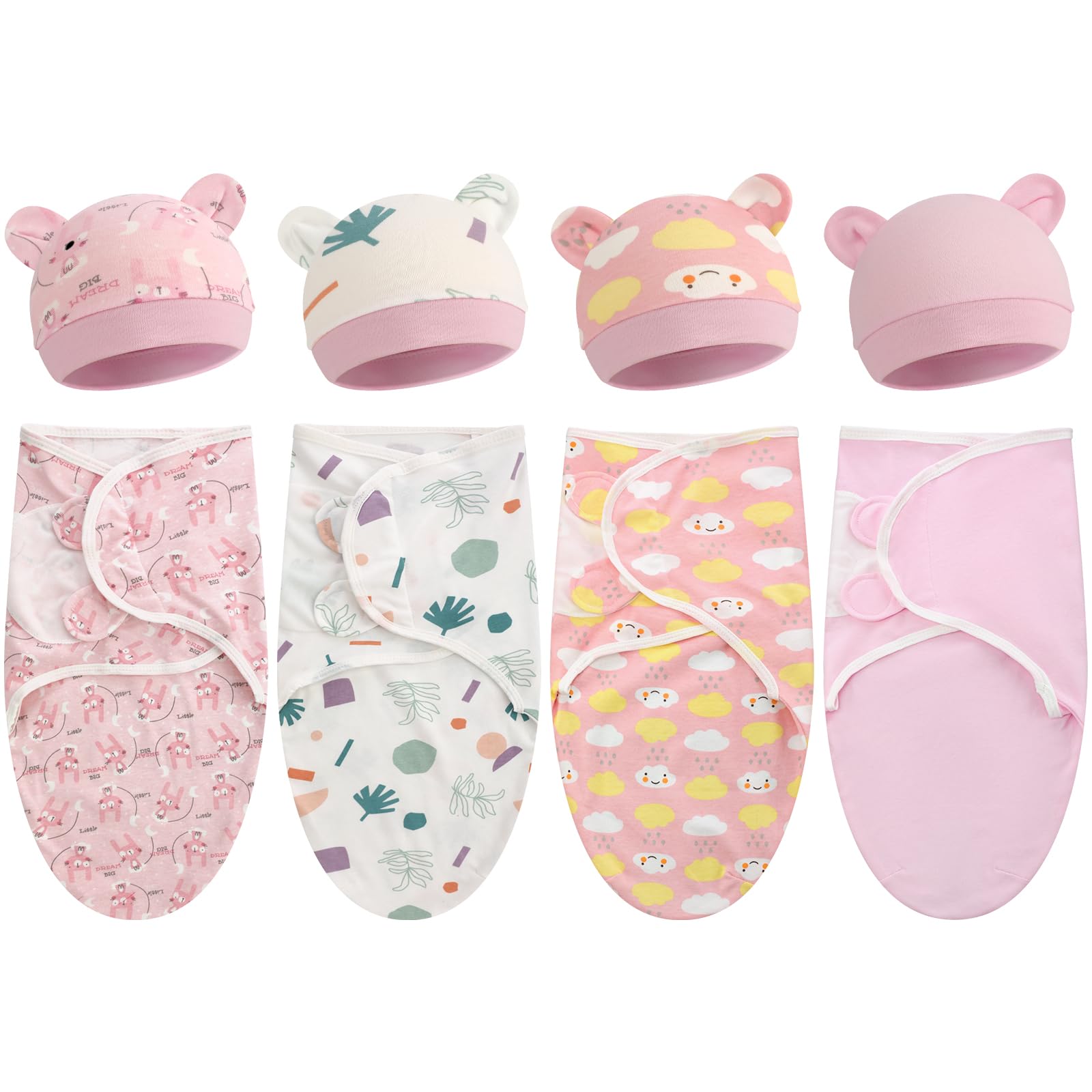 Photo 1 of Buryeah 4 Pack Preemie Swaddle Blanket Wrap Set with Hat for Baby Boys Girls 3-7 Lbs Preemie Newborn Clothes Sleepers Cap(Pink,Boho)