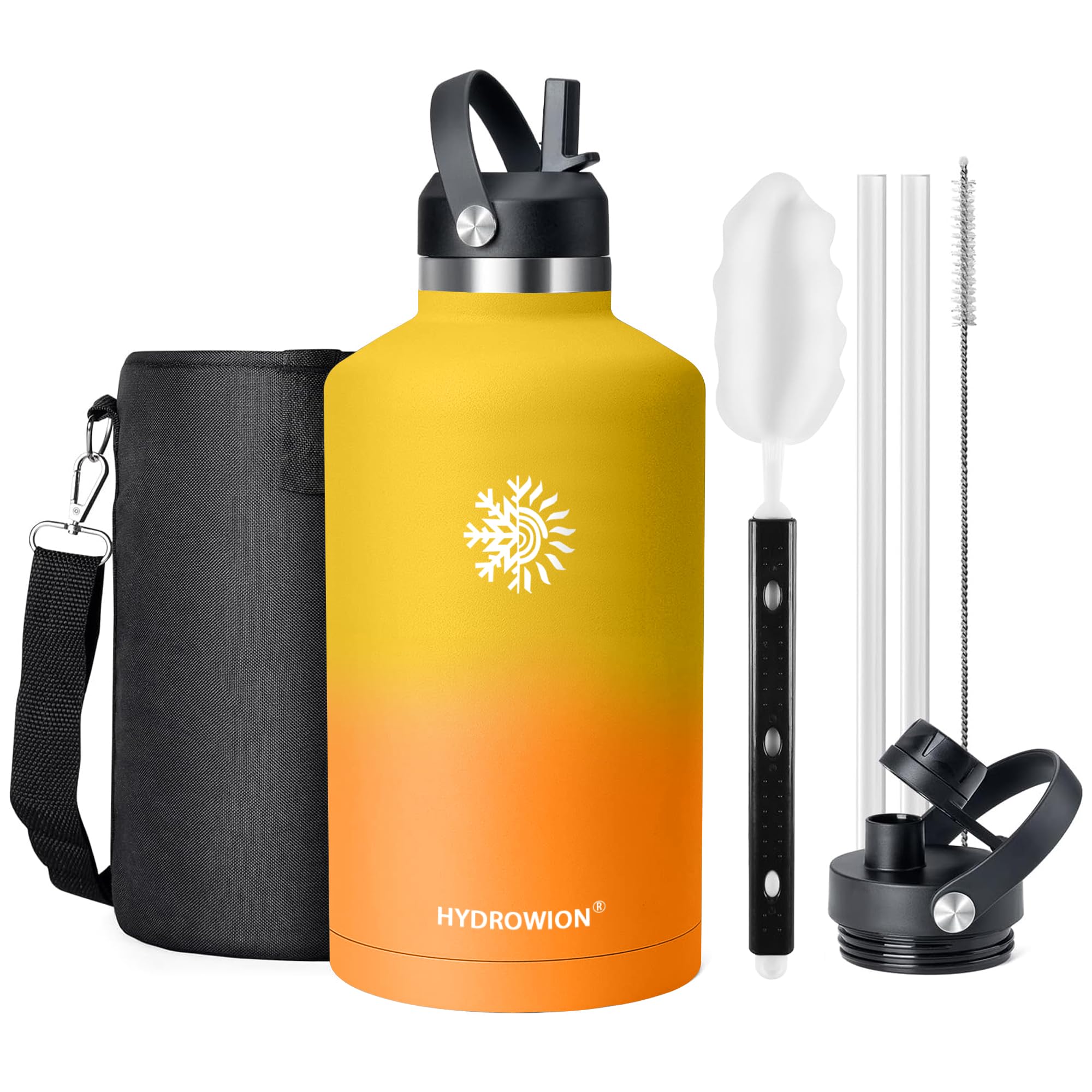 Photo 1 of 64 oz Water Bottle with 2 Lids, Half Gallon Double Wall Vacuum Insulated Stainless Steel Water Jug, Includes Carrying Pouch, Wide Mouth Metal Canteen for Gym, Sports, and Camping, Gradual Yellow.