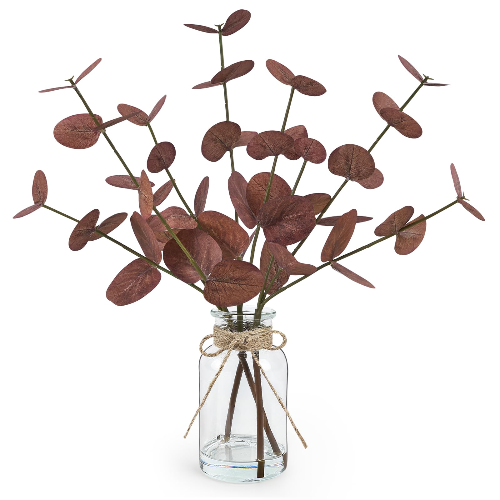 Artificial Eucalyptus Stems in Glass Vase with Faux Water, 14" Fake Plants for Home Decor, Coffee Table Centerpieces, Office, Bathroom & Farmhouse Weddings - Faux Plants Decorations