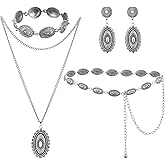 Haysandy 4 Pcs Turquoise Western Jewelry Sets for Women Bohemian Vintage Concho Necklace Classic Dangle Earrings Bracelet Belt