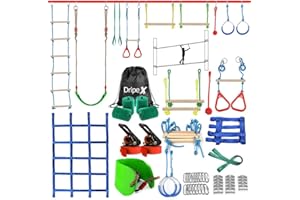 DRIPEX Ninja Warrior Obstacle Course for Kids Backyard - 2×50ft Slackline Kit with 10 Most Complete Accessories for Boys & Girls, Swing, Rope Ladder, Gymnastic Ring, Climbing Net, Arm Trainer and Monkey Fist