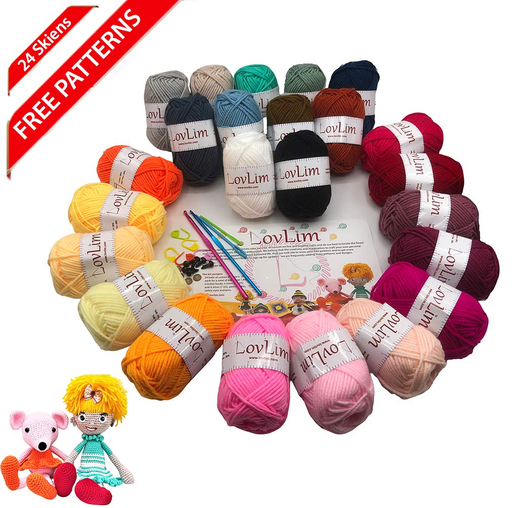 Crochet Yarn kit, 24 Soft Cotton Yarn skeins, 1500+ Yards, for Crochet and Knitting, Craft DK Yarn, Free Crochet/Amigurumi Patterns, Perfect Starter kit