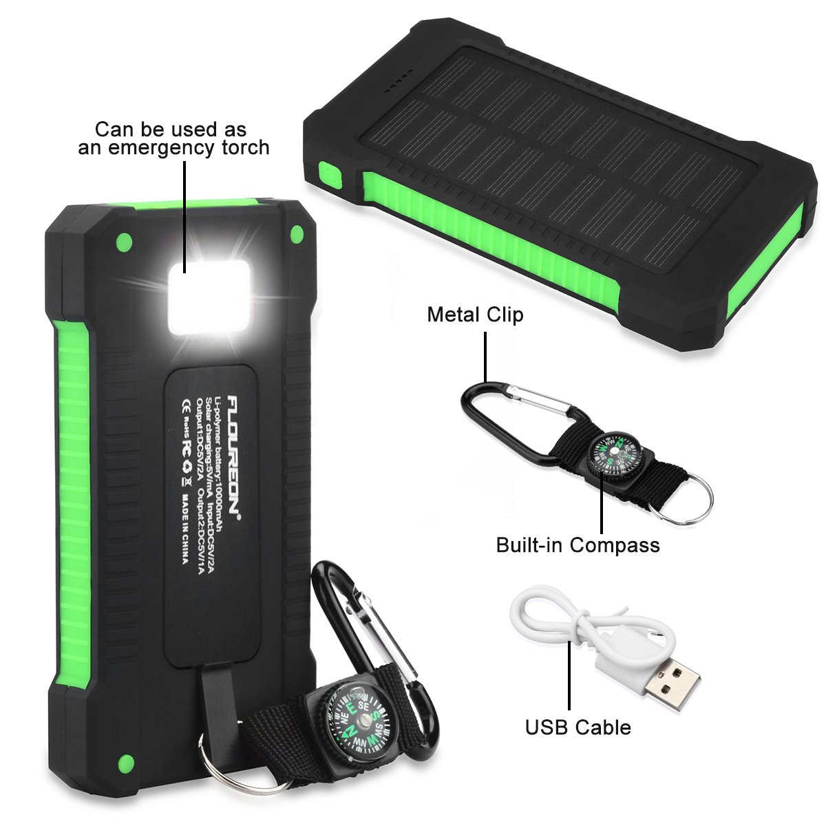 FLOUREON 10,000mAh Solar charger Power Bank Portable Phone Charger External Battery Charger with Dual 2.1A USB LED Flashlight Output Charging for iPhone 8/ 8 Plus/ X/ 7/ 6s, Samsung Galaxy S8/ S7/ S6 and More (Green)