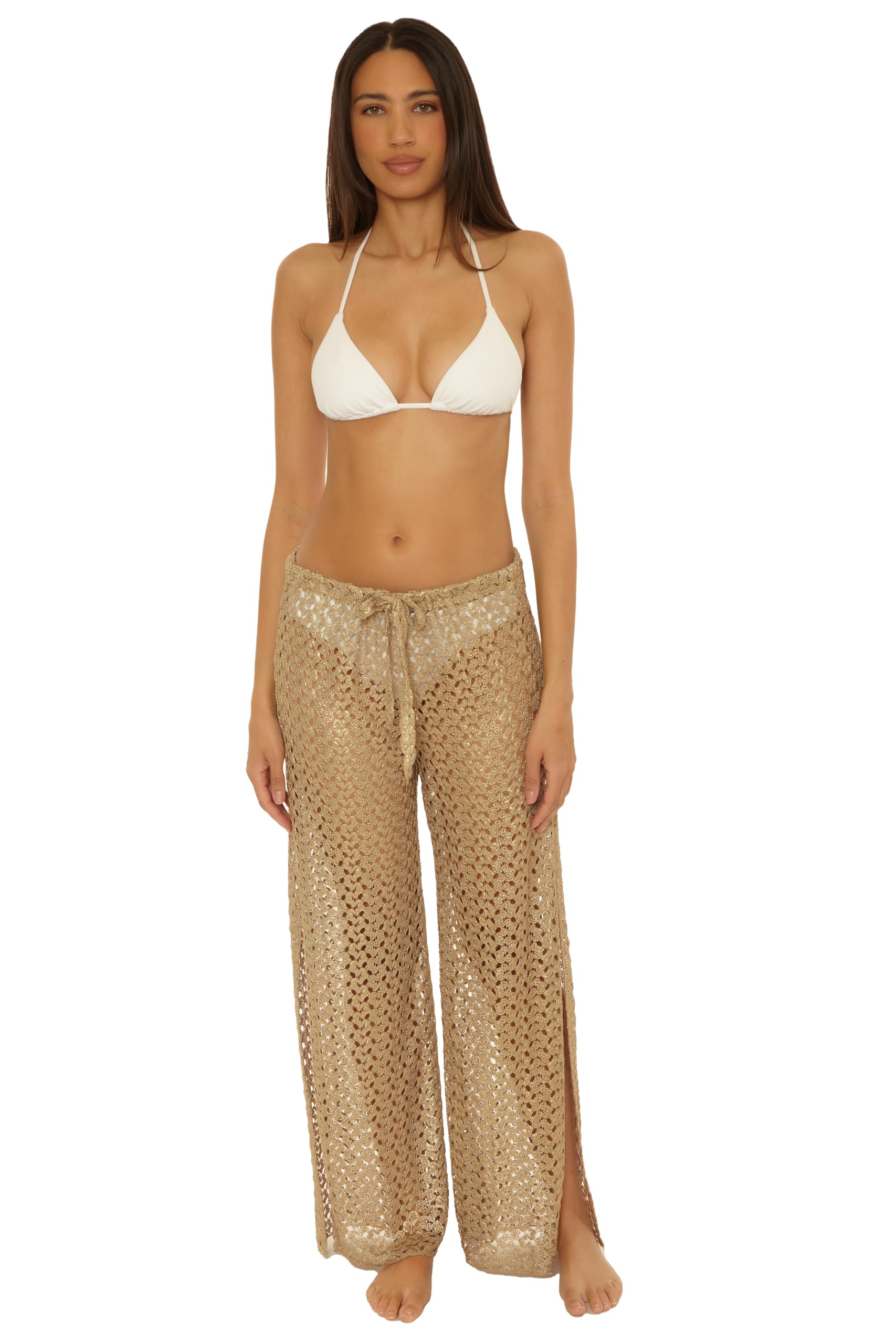 Photo 1 of BECCA Women's Standard Paradise Crochet Pants, Casual, Wide Leg, Beach Cover Ups, Antique Gold