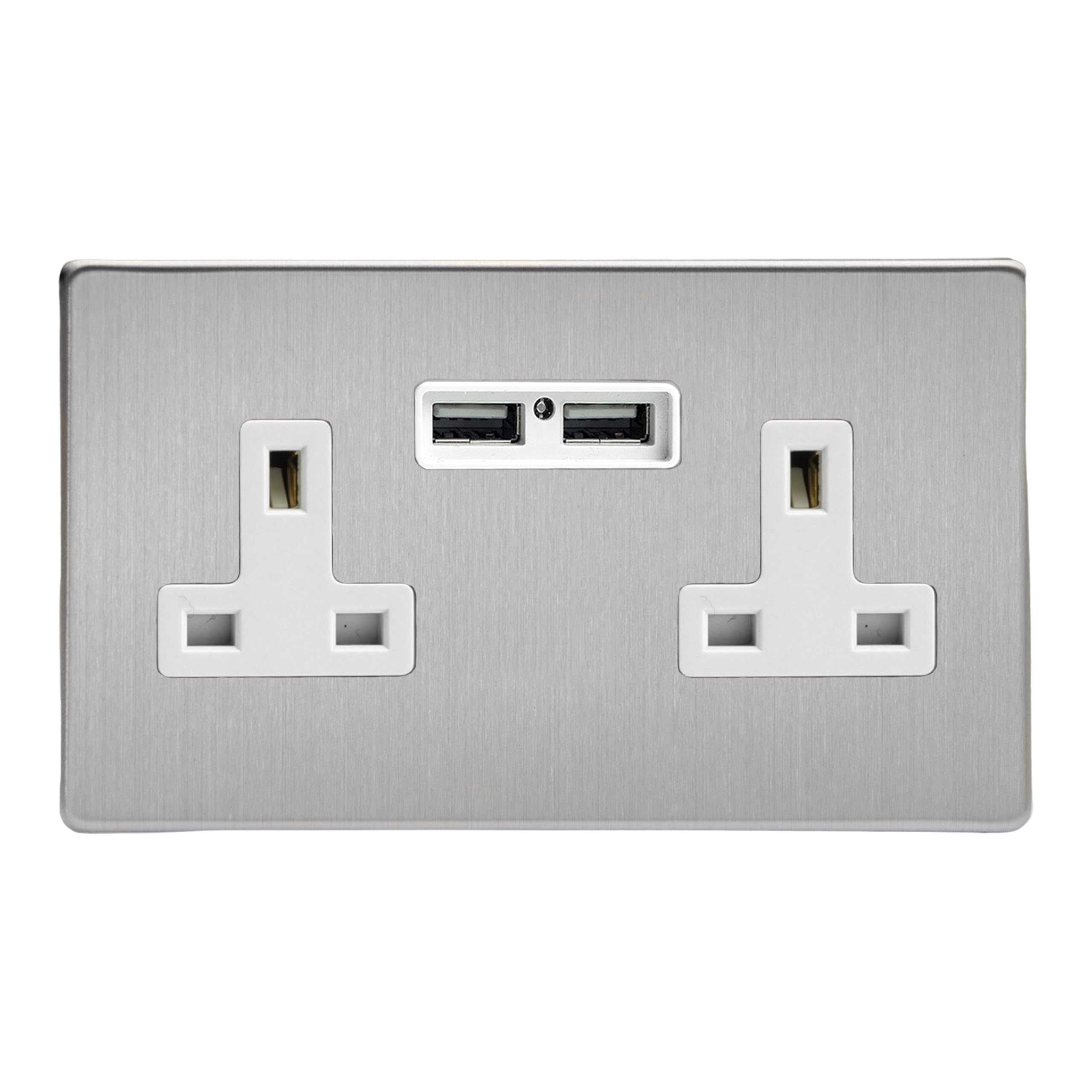 Varilight Double Unswitched Socket With USB Charging - Screwless Brushed Steel With White Insert
