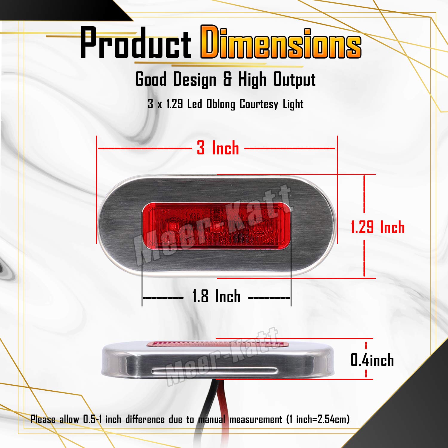 Meerkatt (Pack of 10) 3 Inch Oblong Amber LED Marine Courtesy Light Sealed Flush Mount Clearance Lamp for Yacht Stair Deck Garden Boat RV Cabin Truck Waterproof 12V DC with Chrome Stainless Bezel UV12
