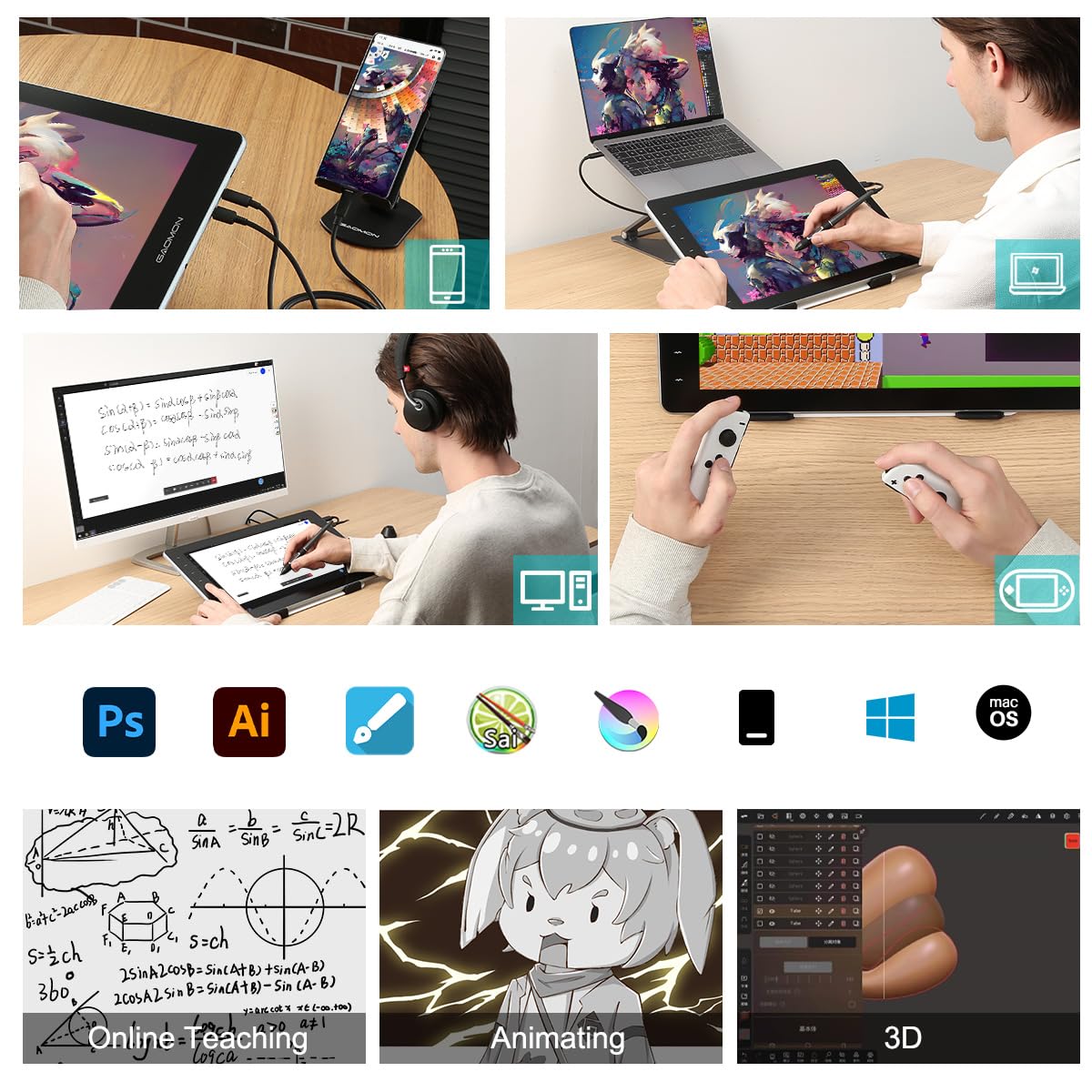 Drawing Tablet with Screen GAOMON PD1610 16-inch 2.5K QHD Full-Laminated Anti-Glare Pen Display 120% sRGB Graphics Drawing Tablet with 8 Touch Keys and Adjustable Stand for Windows, macOS, Android