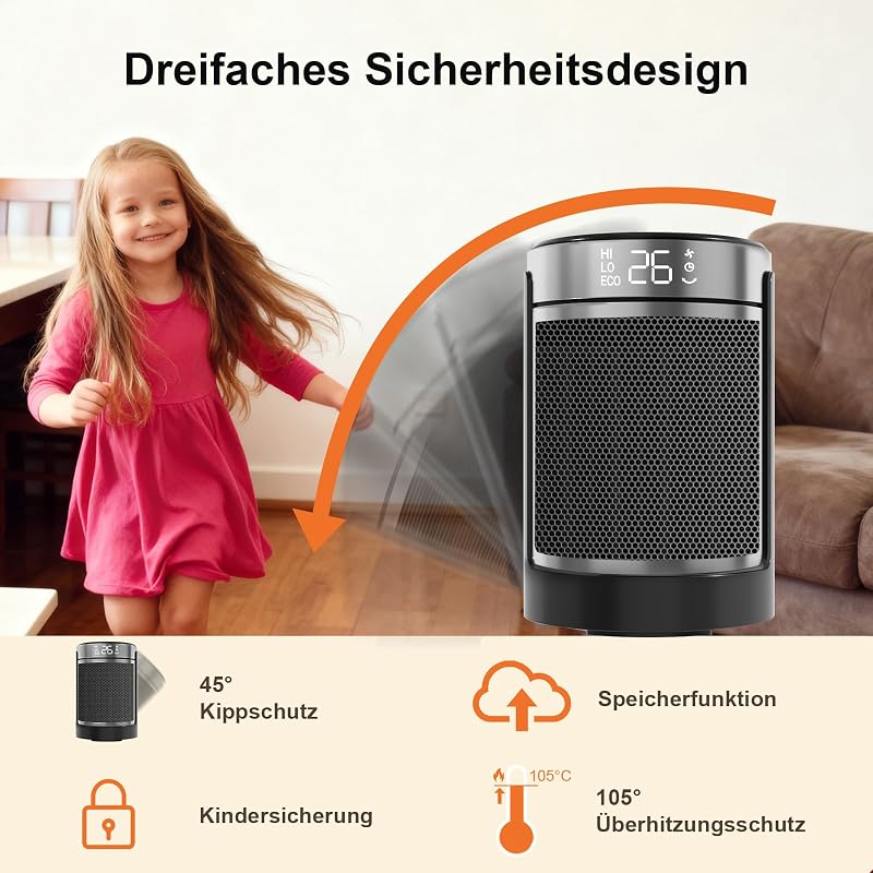 Heizlüfter 1500W/750W, 34 dB leise, PTC-Keramik, Thermostat 5–36 °C (±1°), 70° Oszillation, 24 h Timer, ECO/HI/LOW/FAN, Fernbedienung, Kippschutz, Überhitzungsschutz, V0, für Schlafzimmer