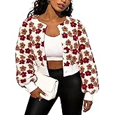 Flygo Women's Cropped Floral Print Bomber Jacket Warm Fleece Varsity Jacket Casual Button Down Puff Sleeve Coat Outerwear
