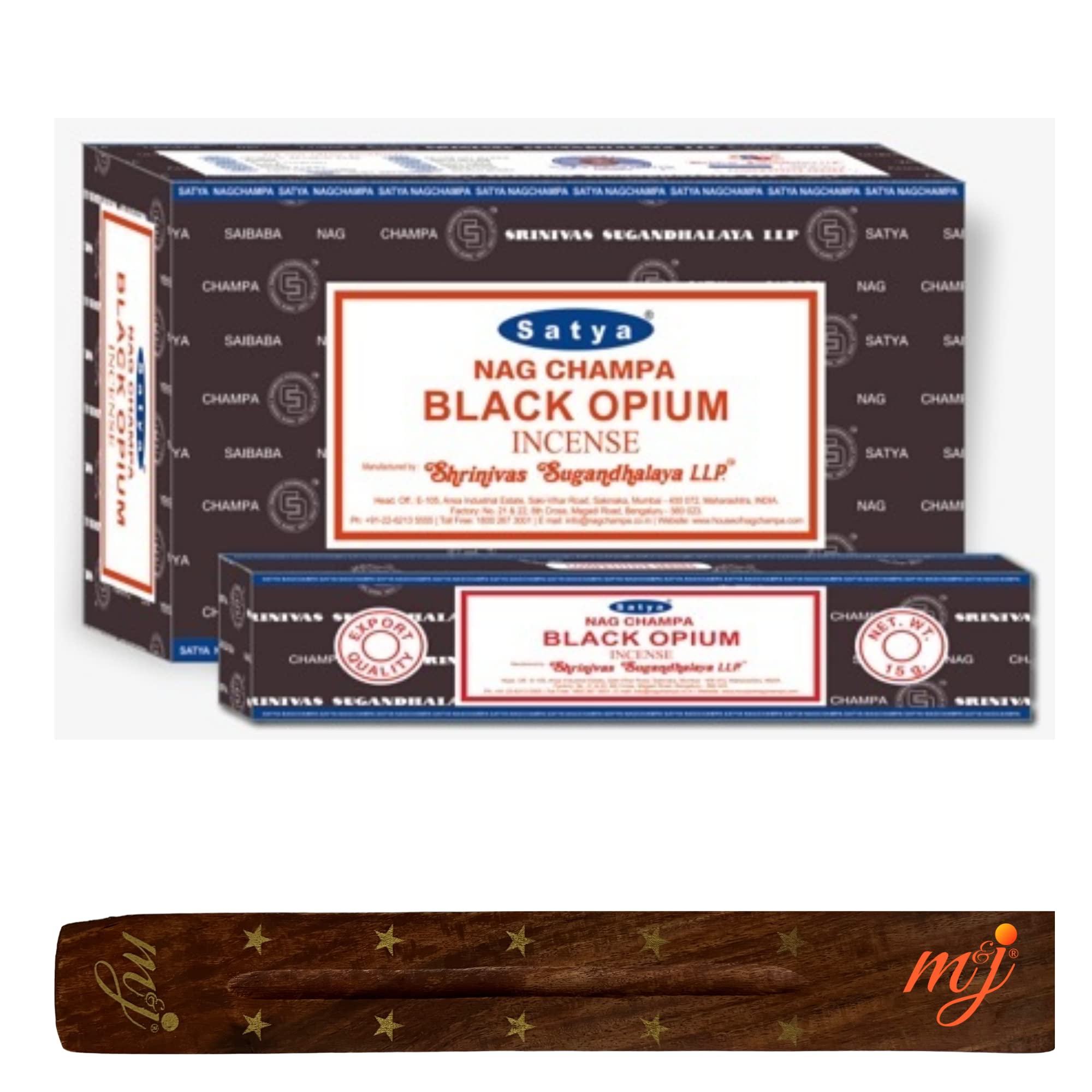 Original Satya Nag Champa Black Opium Incense Sticks | with M&J incense sticks holder | Full Box | for Aromatherapy, Spa, Yoga, Weddings, Meditation, Healing, Positivity and Relaxation